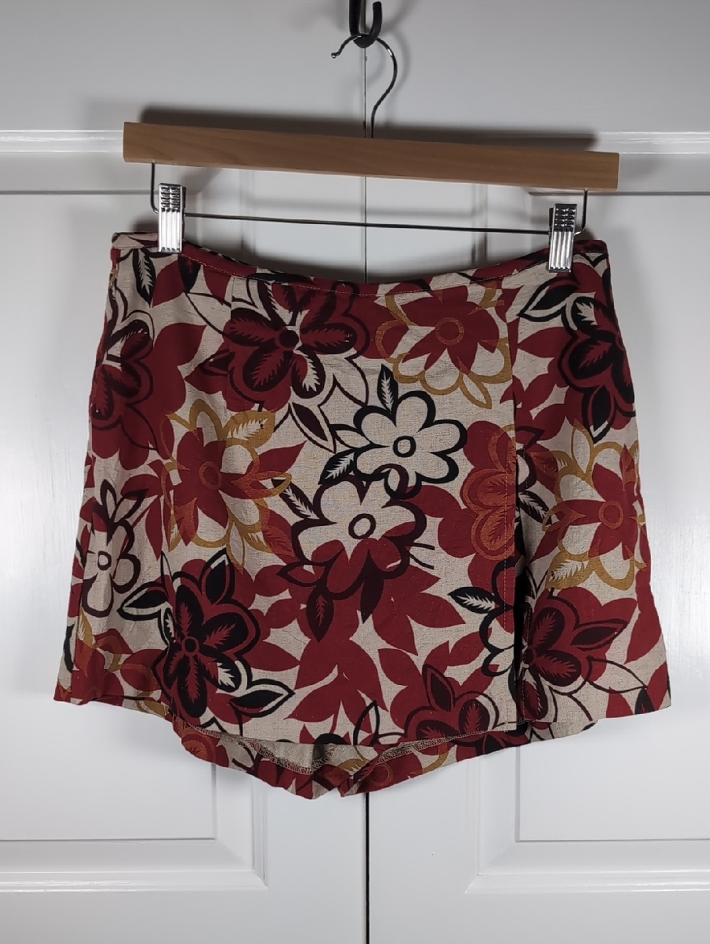 Wrapper Floral Linen Blend Wrap Skort Red Beige Fairy Grunge Mini Shorts Y2K